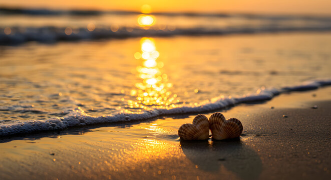 Golden Sunset Seashells on Sandy Beach Calm Ocean Waves Summer Vacation Tropical Paradise Relaxation Nature Serenity Coastal Beauty