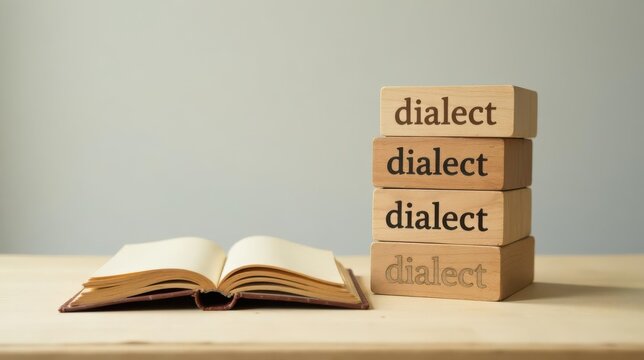 Wooden blocks spelling dialect stacked near an open book on a table