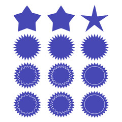 Collection of blue starburst and star shapes on a black background