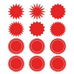 Collection of red starburst and circular seal shapes on black background