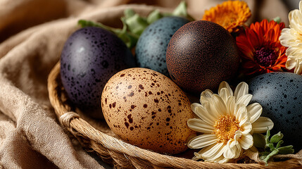Obraz premium Colorful Easter eggs and spring flowers arranged in a woven basket, evoking festive joy.