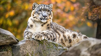 Fototapeta premium Snow leopard lounging on moss-covered rock in fall colors
