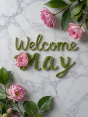 Welcome May alphabet letter with green leave and pink flower flat lay on marble background