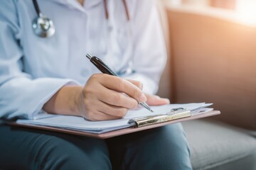 Mental health professional taking detailed notes during psychological assessment session in clinical office, focusing on therapeutic consultation and patient care for depression recovery support.