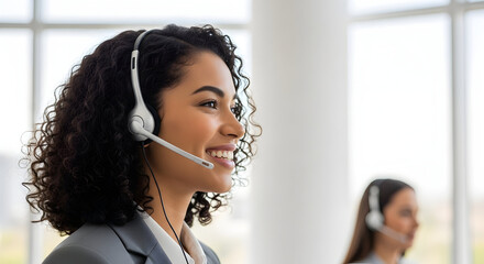 Happy customer service representative providing excellent support helpdesk assistance communication teamwork professionalism business solutions efficient service friendly agent call center operator