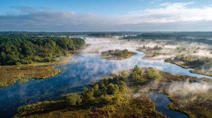 Obraz premium Peat bog landscape preservation, carbon storage wetland, natural climate mitigation, bog ecosystem, environmental protection area, perfect for natural carbon sink concept.