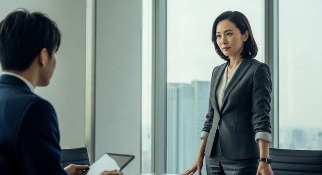 日本人女性管理職が部下の社員に厳しい表情で指導する様子