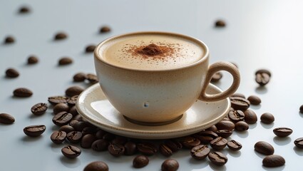 Obraz premium Flat Lay Ceramic Cappuccino Cup and Coffee Beans