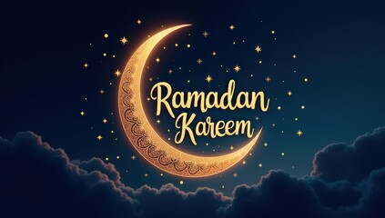 Fototapeta premium Golden Ramadan Kareem design with crescent moon and stars, festive Islamic greeting background.