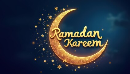 Golden Ramadan Kareem design with crescent moon and stars, festive Islamic greeting background.