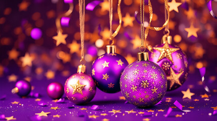 Festive purple gold Christmas ornaments and stars confetti background