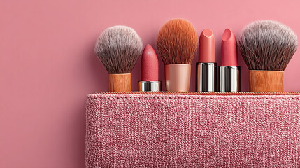 A cosmetic bag centered on a clean pink background, showcasing minimalist product design.