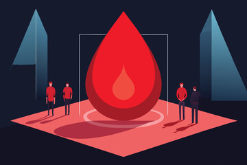 Illustration of people observing a giant blood drop for world blood donor day