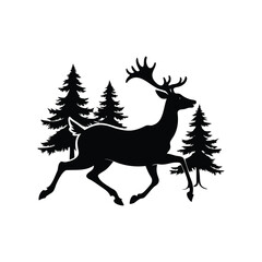Elegant silhouette of a reindeer running through the forest with pine trees, deer running through woods silhouette vector illustration