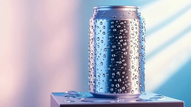 Cold aluminum drink can with water droplets