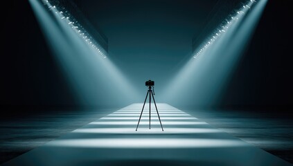 Camera on tripod, lit runway