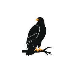 Fototapeta premium A striking eagle silhouette, depicted in a clean 2D flat vector illustration style, majestically perches on a bare branch, isolated against a pristine white background.