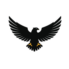 Obraz premium A majestic eagle silhouette with powerful spread wings is depicted in a clean 2D flat vector illustration, isolated on a pristine white background, conveying strength and freedom.