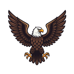 Fototapeta premium A majestic frontal view of a stylized eagle, rendered as a symmetrical 2D flat vector illustration, stands proudly isolated on a clean white background, conveying power and symbolism.