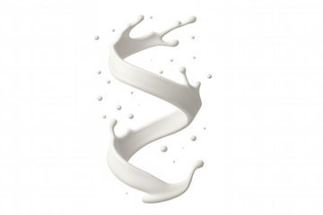 Milk is splashing and rotating, creating a dynamic spiral shape on a transparent background, perfect for advertising and design projects