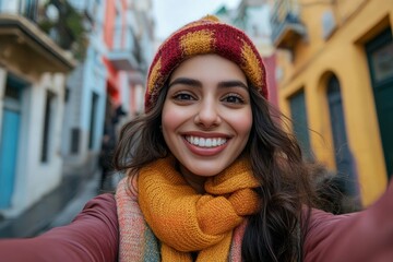 Joyful young Indian woman taking a selfie while exploring city streets during daytime, capturing the essence of happiness and discovery during her urban adventure, Generative AI