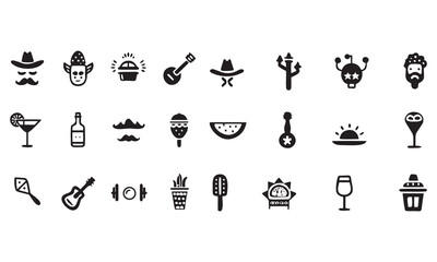 Mexican Clipart Icons Sombrero, Skull, Guitar, Tequila, Cactus, Pyramid & Fiesta Elements