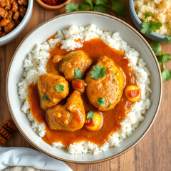 Chicken meat with tikka masala sauce, spicy curry food in a bowl with rice and seasonings, top view