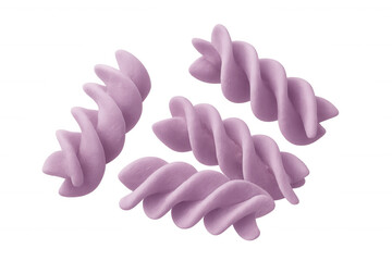 Five purple fusilli pasta pieces rotating against a transparent background, perfect for food-related projects