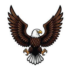 A majestic bald eagle, rendered in a striking 2D flat vector illustration style, stands as a powerful national emblem, vividly isolated on a clean white background.