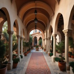 Fototapeta premium Serene courtyard with archways, columns, and potted plants under the soft sunlight.
