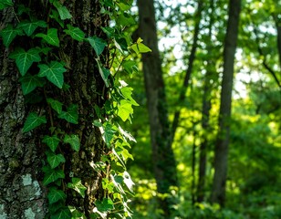 Lush green ivy climbing a tree trunk, sunlight filtering through the forest