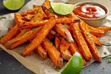Classic French fries with a dollop of ketchup on a plate