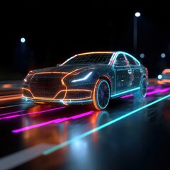 Naklejka premium AI visualization displaying LIDAR and camera sensor data in autonomous vehicle dashboard, showcasing advanced vehicle perception technology and self-driving innovation.