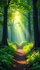 Fototapeta premium Serene forest scene perfect for nature meditation; sunlight filters through leaves, illuminating a tranquil path Ideal for mindfulness, relaxation, and spiritual well-being , sunshine, quiet, zen