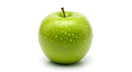 A fresh green apple with water droplets isolated on white background