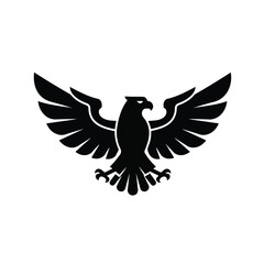 Obraz premium A striking black eagle vector emblem in a clean, flat 2D illustration style is presented on a pristine white isolated background, symbolizing power and freedom.