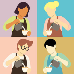Obraz premium Diverse Barista Pouring Coffee Drink Illustration Graphic Elements