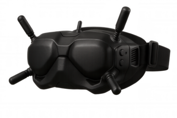 Wireless fpv drone goggles with advanced multi-antenna design, providing immersive piloting perspective against clean transparent backdrop