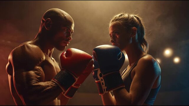 Two athletes stand back to back, showcasing intensity and focus before a championship match. The striking lighting highlights their determination and strength in the boxing arena.