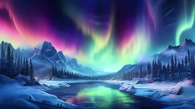 a stunning view of the Aurora Borealis or Northern Lights over a snowy winter landscape.