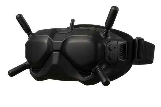 Wireless fpv drone goggles with advanced multi-antenna design, providing immersive piloting perspective against clean transparent backdrop