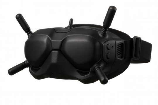 Wireless fpv drone goggles with advanced multi-antenna design, providing immersive piloting perspective against clean transparent backdrop