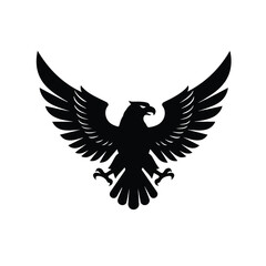 Obraz premium A bold black eagle insignia in a flat 2D vector illustration, depicting a majestic bird of prey with outstretched wings, symbolizing power and freedom, cleanly isolated on a pure white background.