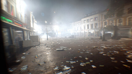 Fototapeta premium Dim urban plaza with smoke and swirling dust, motion blur on debris creating dynamic sense of unrest and disorder