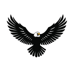 Fototapeta premium A majestic bald eagle with powerful, outstretched wings is depicted as a striking flat 2D vector silhouette, prominently isolated on a pristine white background.