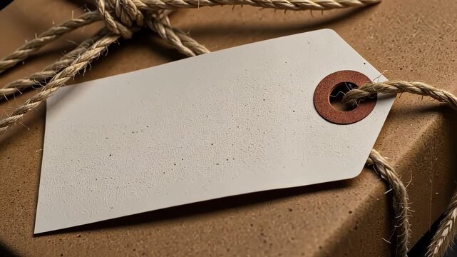 Close-up View of a Wrapped Gift Box with a Blank Brown Paper Tag and Twine Tied in Decorative Knots Suitable for Personalization and Creative Gift Ideas