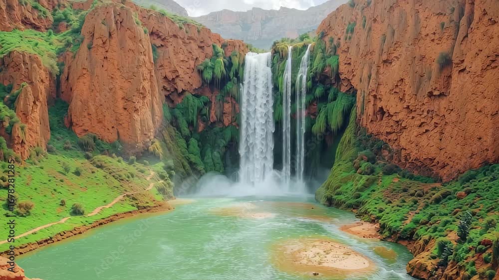 Aufkleber majestic waterfall cascading into a serene pool surrounded by rocky cliffs and lush greenery in a pi