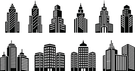 City skyline silhouette, urban architecture vector, modern buildings illustration, cityscape design, black and white skyscrapers, architectural icons, downtown skyline, high-rise buildings, city outli