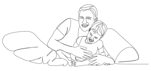 Minimalist line art illustration of a father and child bonding. The father is lying down while holding and playing with his child, both smiling and laughing together