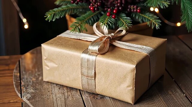 Beautifully Wrapped Brown Paper Gift Box with Elegant Ribbon Under Festive Pine Tree with Red Berries and Warm String Lights